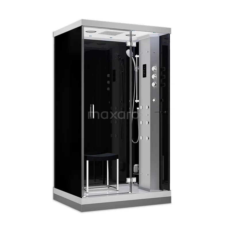 Lusso 1 Persoons Stoomcabine | 120x90 cm Zwart glas Draaideur Rechthoek SHAN1209222N Zwarte stoomcabine met zilveren accenten, glazen deur en geïntegreerde regendouche; luxe badkameroplossing.