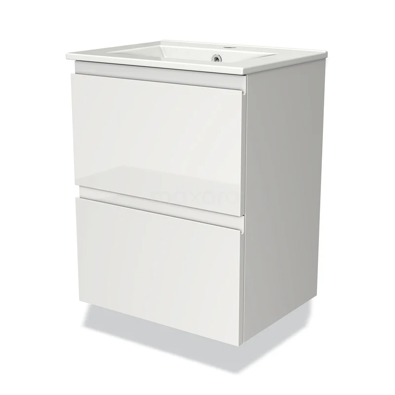 Badmöbel 50cm Modulo Slim Hochglanz Weiß 2 Schubladen Griffloses Waschbecken Keramik BMW37-00457 Weißes Badezimmermöbel mit zwei Schubladen, modernes Design, aus hochwertigem MDF gefertigt, ideal für stilvolle Bäder.
