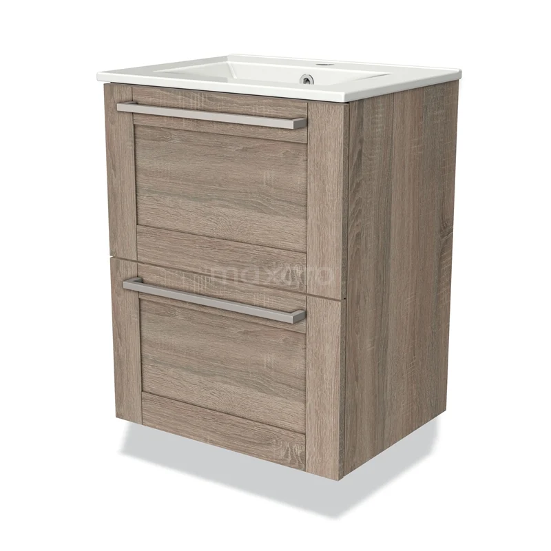 Badmöbel 50cm Modulo Slim Eiche 2 Schubladen Rahmen Waschbecken Keramik BMW37-00470 Holz Badezimmermöbel mit zwei Schubladen, modernes Design, helle Eiche Farbe, inklusive keramischem Waschbecken, ideal für kompakte Bäder.