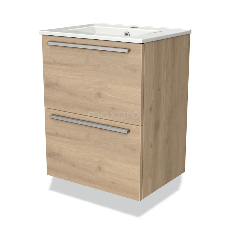 Badmöbel 50cm Modulo Slim Hellbraune Eiche 2 Schubladen Flaches Waschbecken aus Keramik BMW37-00471 Holz Badezimmermöbel mit zwei Schubladen, modernen Haltegriffen und eingebautem Waschbecken, ideal für stilvolle Badezimmerlagerung.