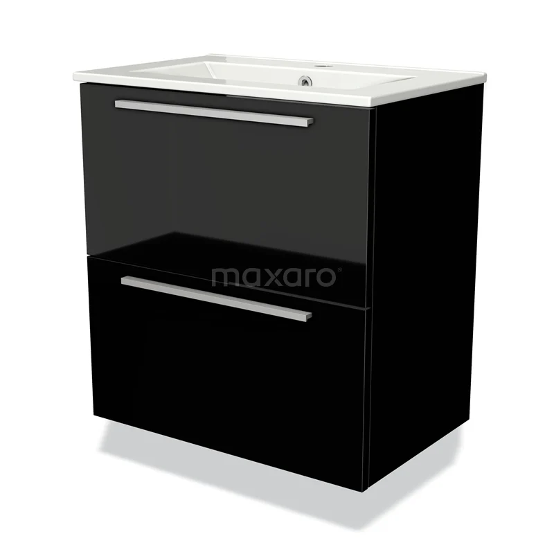 Badmöbel 60cm Modulo Slim Hochglanz Schwarz 2 Schubladen Flaches Waschbecken aus Keramik BMW37-00496 Schwarzes Badmöbel mit weißem keramischen Waschbecken, modernes Design, zwei Schubladen und verchromten Haltegriffen.