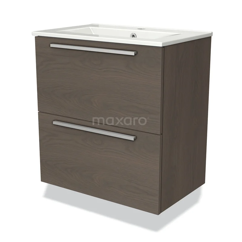 Modulo Slim Vanity units with basin | 60 cm Dark brown oak Flat front Ceramic 2 Stacked drawers BMW37-00507