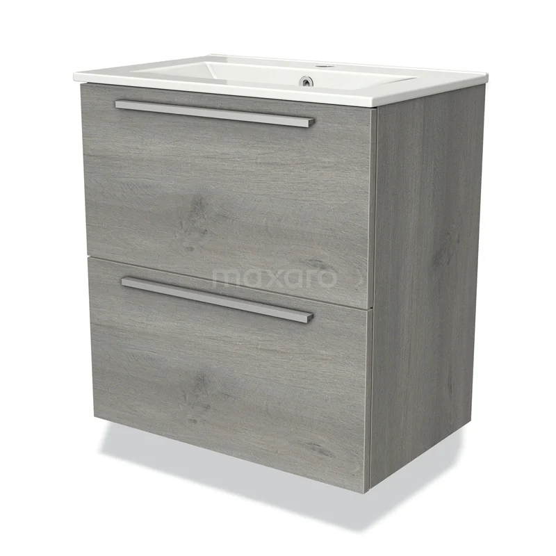 Modulo Slim Vanity units with basin | 60 cm Grey oak Flat front Ceramic 2 Stacked drawers BMW37-00509