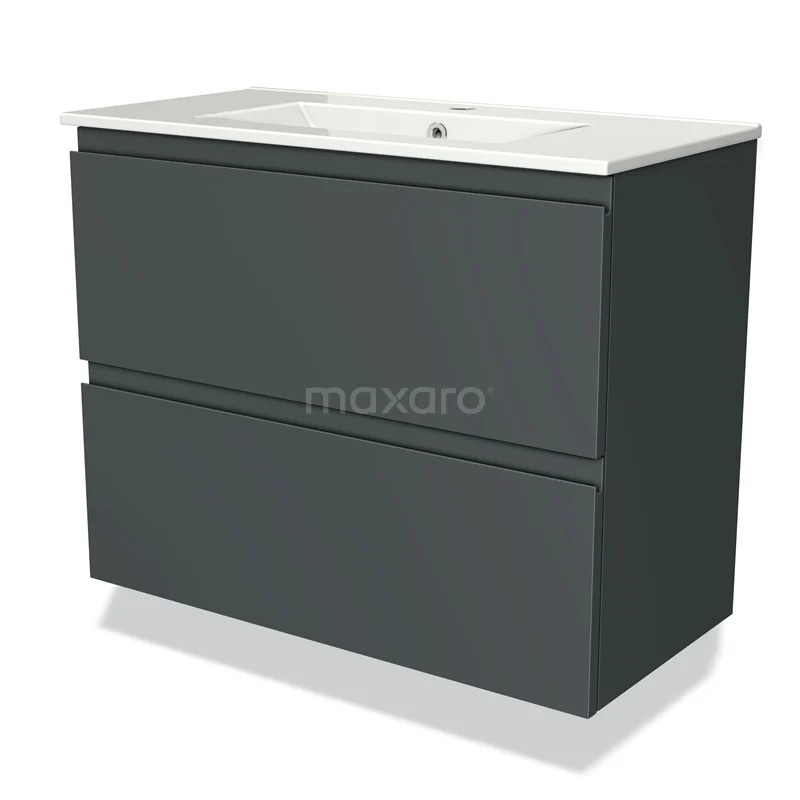 Antracietgrijze badkamerkast met 2 lades, moderne afwerking, voorzien van een wit keramische wastafel.