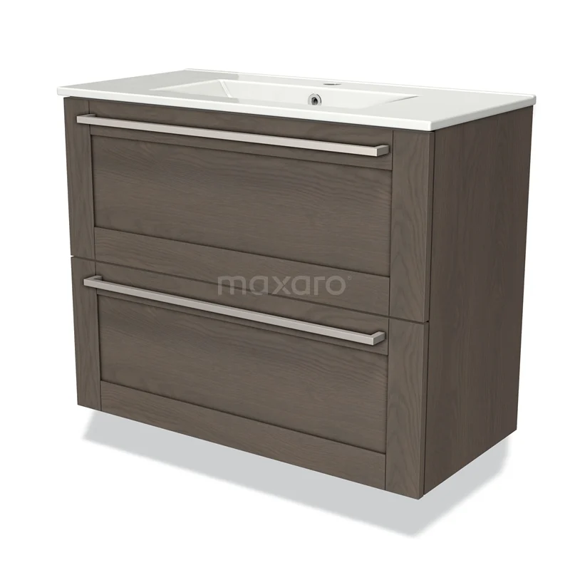 Modulo Slim Vanity units with basin | 80 cm Dark brown oak Frame front Ceramic 2 Stacked drawers BMW37-00540