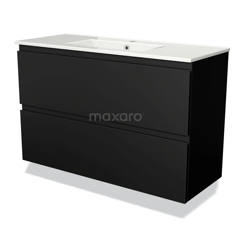 Modulo Slim Waschtische | 100 cm Matt Schwarz Grifflos front Keramik 2 übereinanderliegende Schubladen BMW37-00547 Schwarze Badmöbelset mit Hochglanzoberfläche und integriertem Waschbecken; modernes Design, ideal für jeden Badezimmerstil.