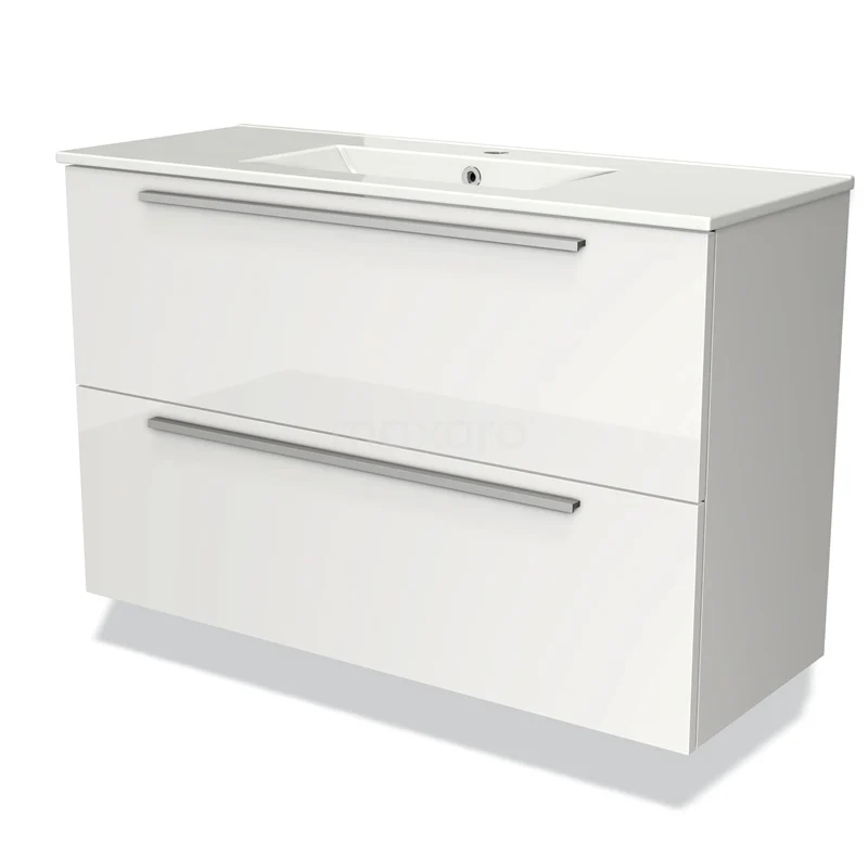 Modulo Slim Waschtische | 100 cm Hochglanz Weiß Flach front Keramik 2 übereinanderliegende Schubladen BMW37-00551 Weißes Badezimmermöbel mit zwei geräumigen Schubladen und integriertem Waschbecken, schlankes Design und glänzende Oberfläche.