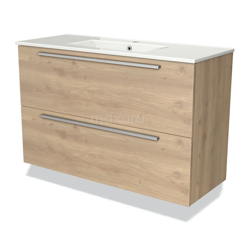 Badmöbel 100cm Modulo Slim Hellbraune Eiche 2 Schubladen Flaches Waschbecken aus Keramik BMW37-00567 Hölzernes Badezimmermöbel mit zwei breiten Schubladen, natürlicher Holzoptik und weißem Waschbecken, perfekt für moderne Badezimmergestaltung.