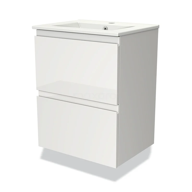 Badmöbel 50cm Modulo Slim Hochglanz Weiß 2 Schubladen Griffloses Waschbecken Keramik BMW37-00585 Weißes Badezimmermöbel mit keramischem Waschbecken, zwei Schubladen und modernem Design; ideal für moderne Badezimmerlagerung.