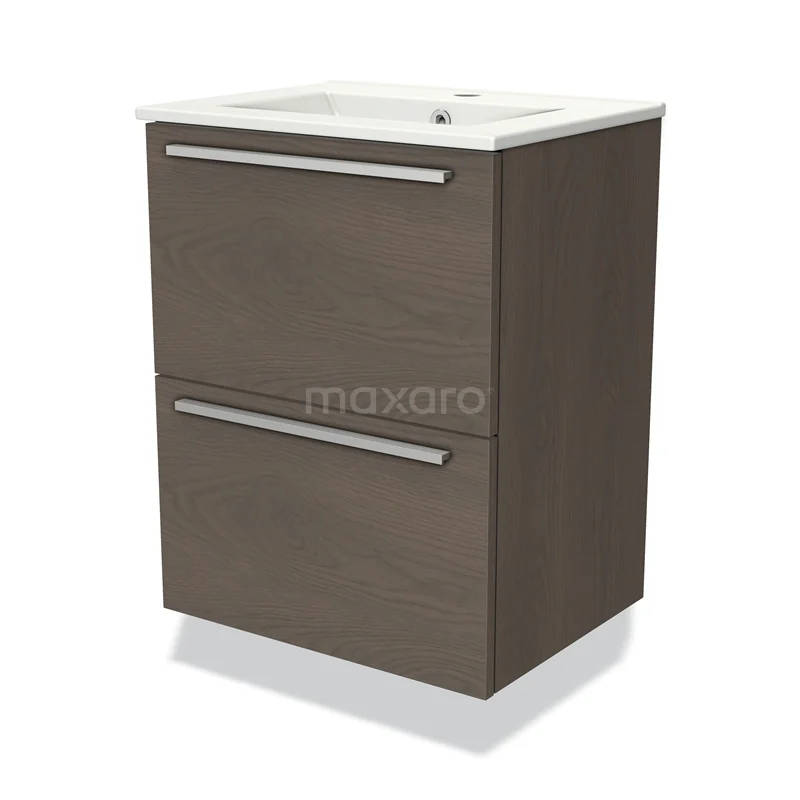 Modulo Slim Vanity units with basin | 50 cm Dark brown oak Flat front Ceramic 2 Stacked drawers BMW37-00603