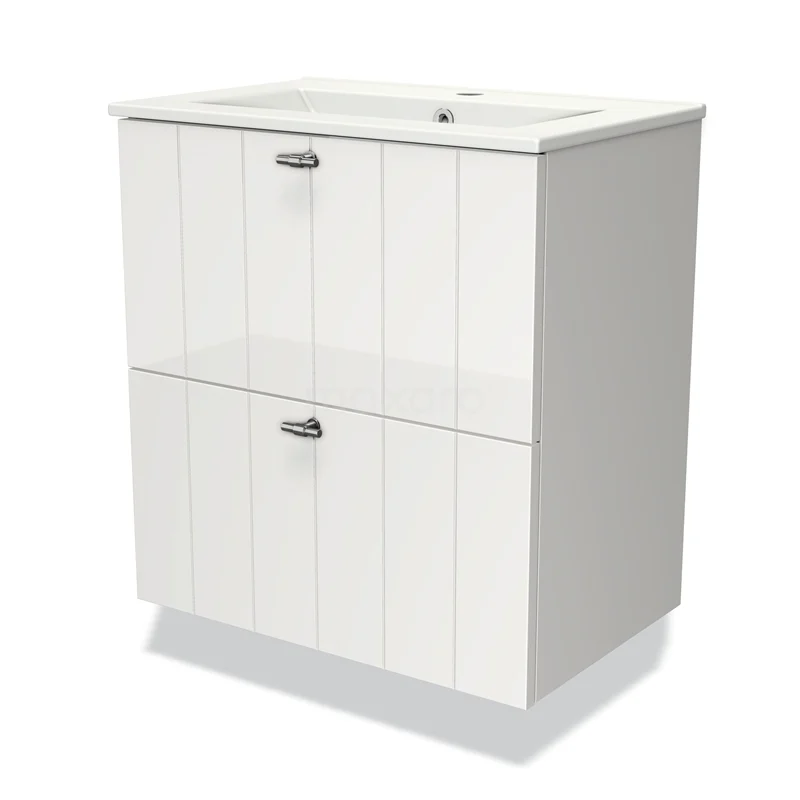 Wit badkamermeubel met dubbele lade, verticale lijnen, porseleinen wasbak, modern design, ideaal voor compacte badkamers.
