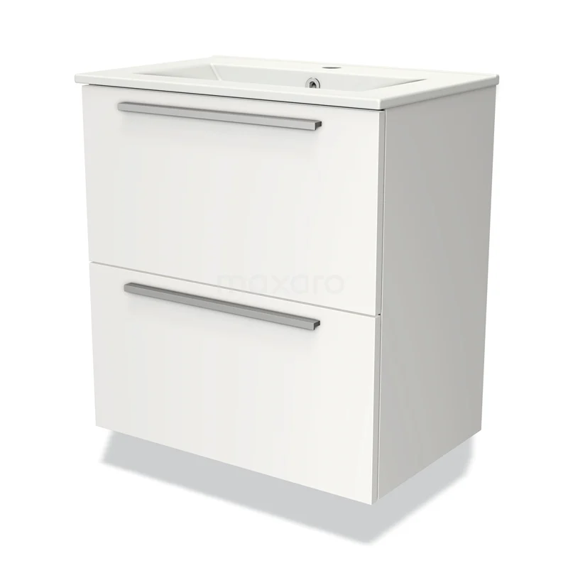 Wit badkamermeubel met twee lades, strakke zilveren handgrepen en keramische wastafel, perfect voor moderne badkamers.