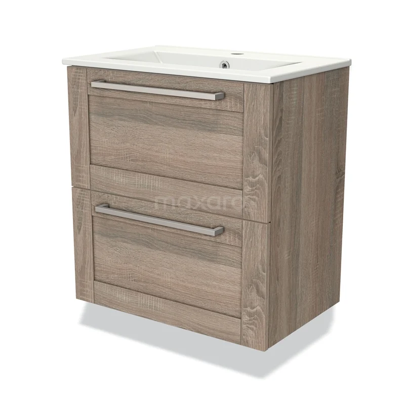 Houten badkamerkast met twee lades, handgrepen van metaal, en een witte wastafel; stijlvol en praktisch voor elke badkamer.