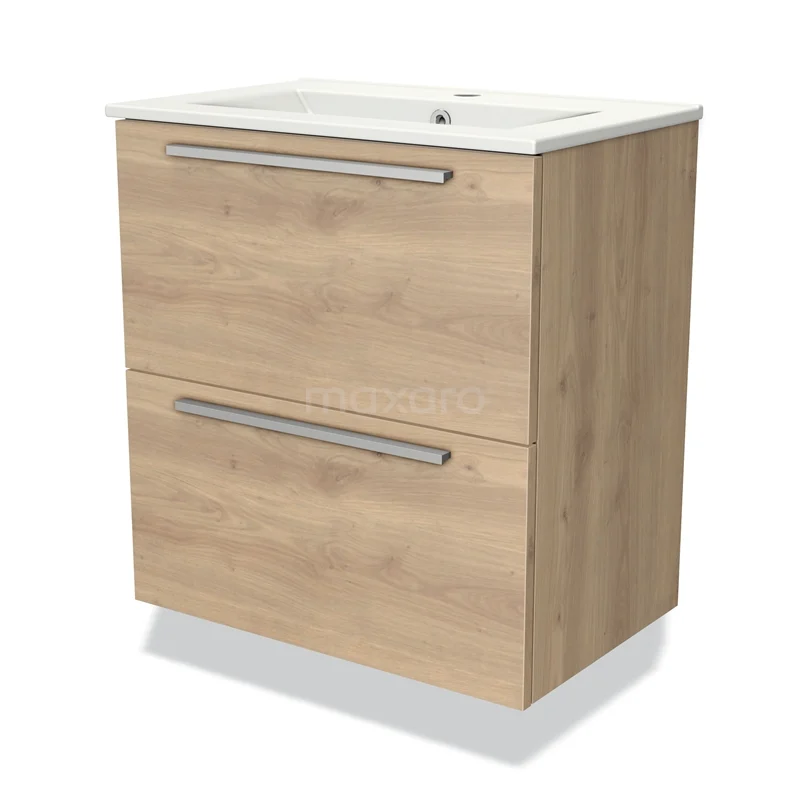 Houten badkamermeubel met twee lades, licht eiken finish en een witte keramische wastafel. Compact en stijlvol ontwerp.