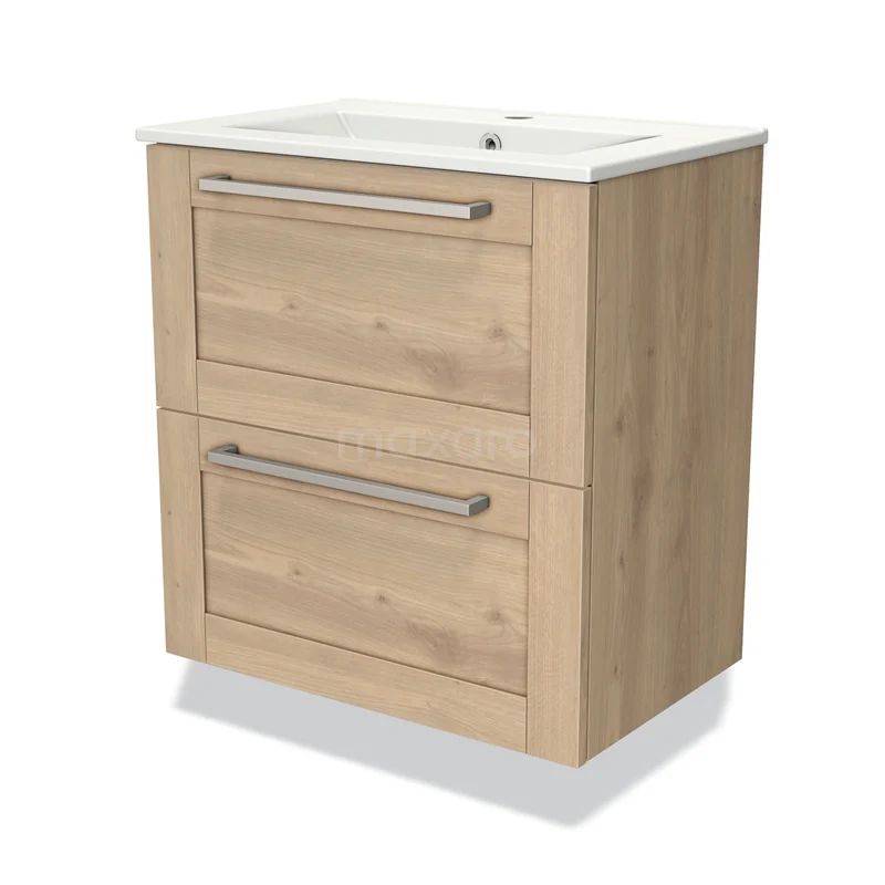 Houten badkamermeubel met wastafel, twee lades en metalen handgrepen, ideaal voor een moderne badkamerinrichting.