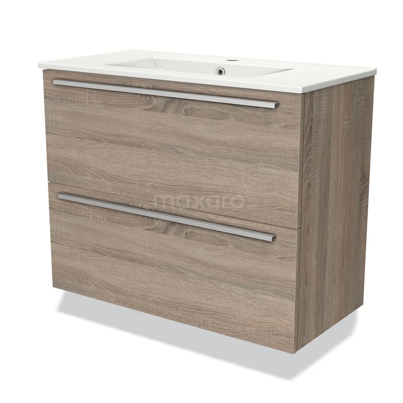 Modulo Slim Vanity units with basin | 80 cm Oak Flat front Ceramic 2 Stacked drawers BMW37-00661