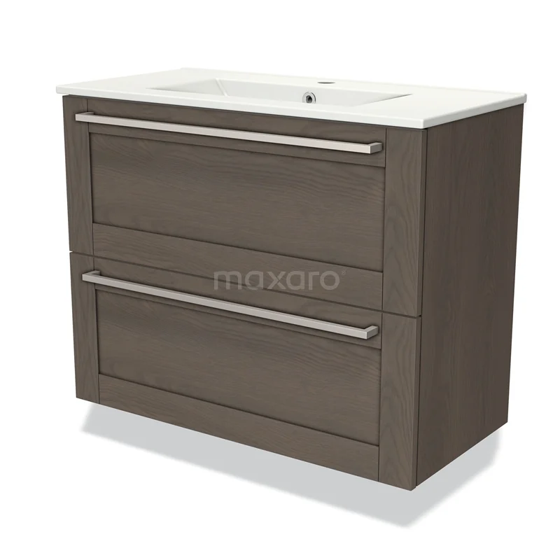 Modulo Slim Bathroom furniture with sink | 80 cm Dark brown oak Bordered front Ceramic 2 Stacked drawers BMW37-00668 Wooden bathroom unit with two drawers, dark brown design, ceramic vanity units with basin and recessed handles.