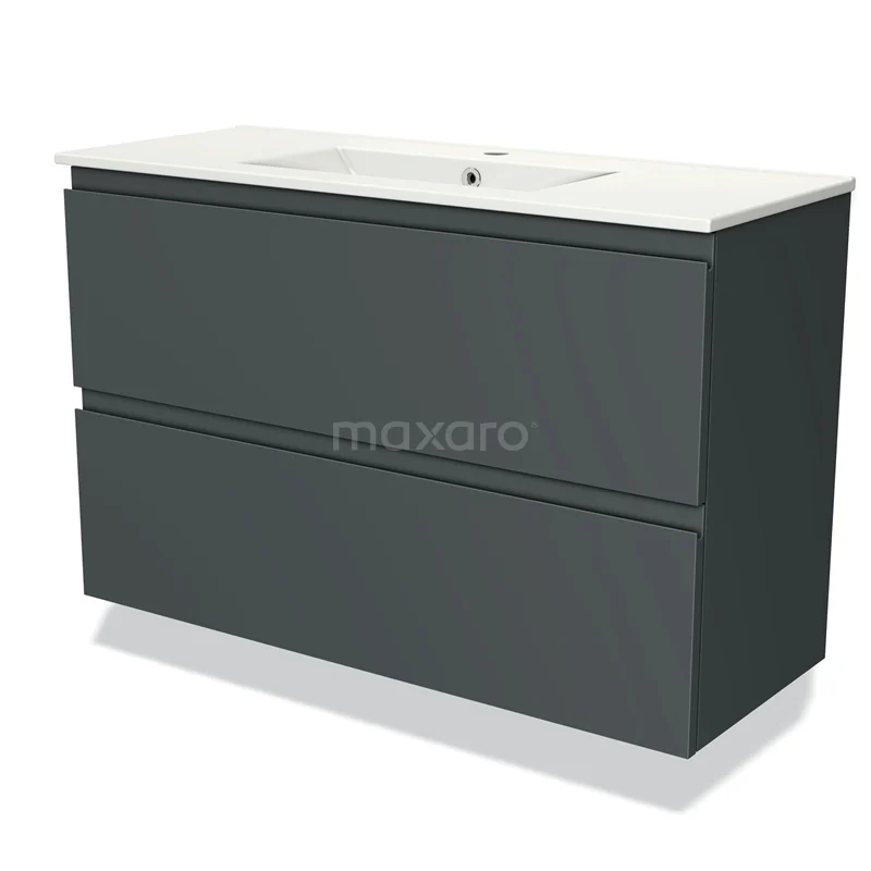 Badmöbel 100cm Modulo Slim Dunkelgrau 2 Schubladen Griffloses Waschbecken Keramik BMW37-00687 Graue Badmöbel Set mit Doppel-Schubladen-Design und keramischem Waschbecken, elegantes modernes Design für stilvolle Bäder.