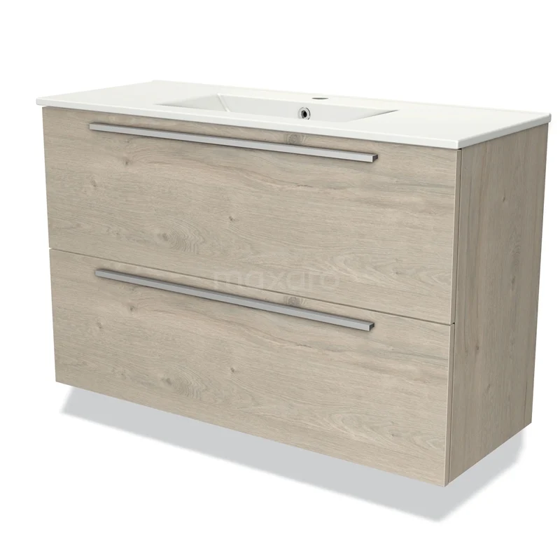 Modulo Slim Vanity units with basin | 100 cm Light grey oak Flat front Ceramic 2 Stacked drawers BMW37-00691