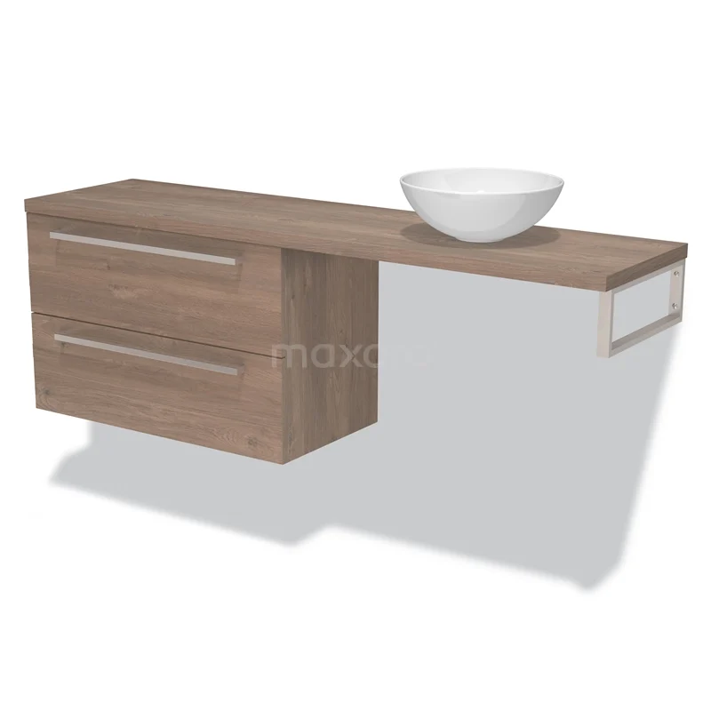 Houten badkamermeubel met ladeblok, zwevend ontwerp en witte waskom, ideaal voor moderne badkamerruimtes.