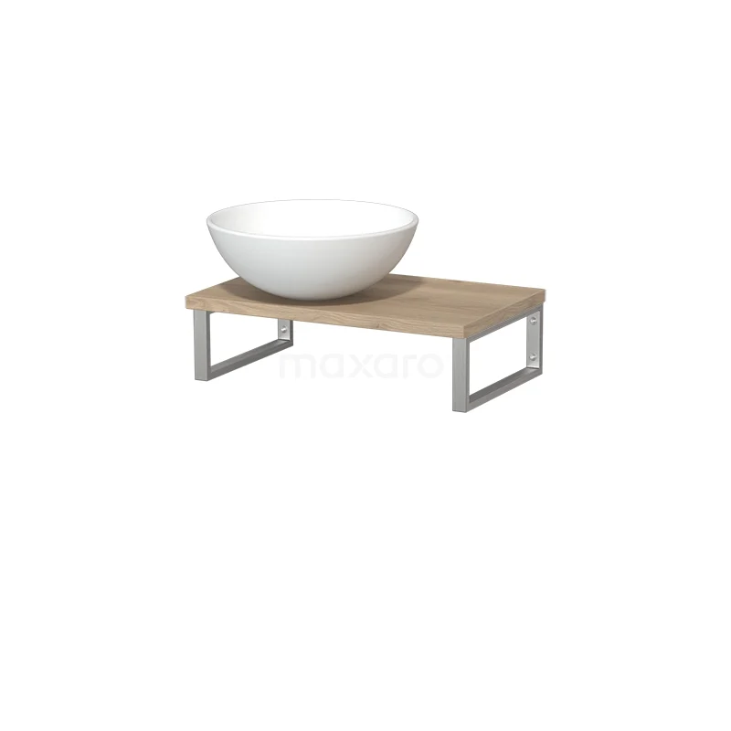 Modulo Pico Waschtischplatte mit Becken | 41 cm Hellbraune Eiche Matt Weiß Keramik TMK01-00182 Waschtisch mit weißem Keramikbecken, Holzregal und Metallrahmen. Modernes Badezimmerdesign mit natürlichen Materialien.