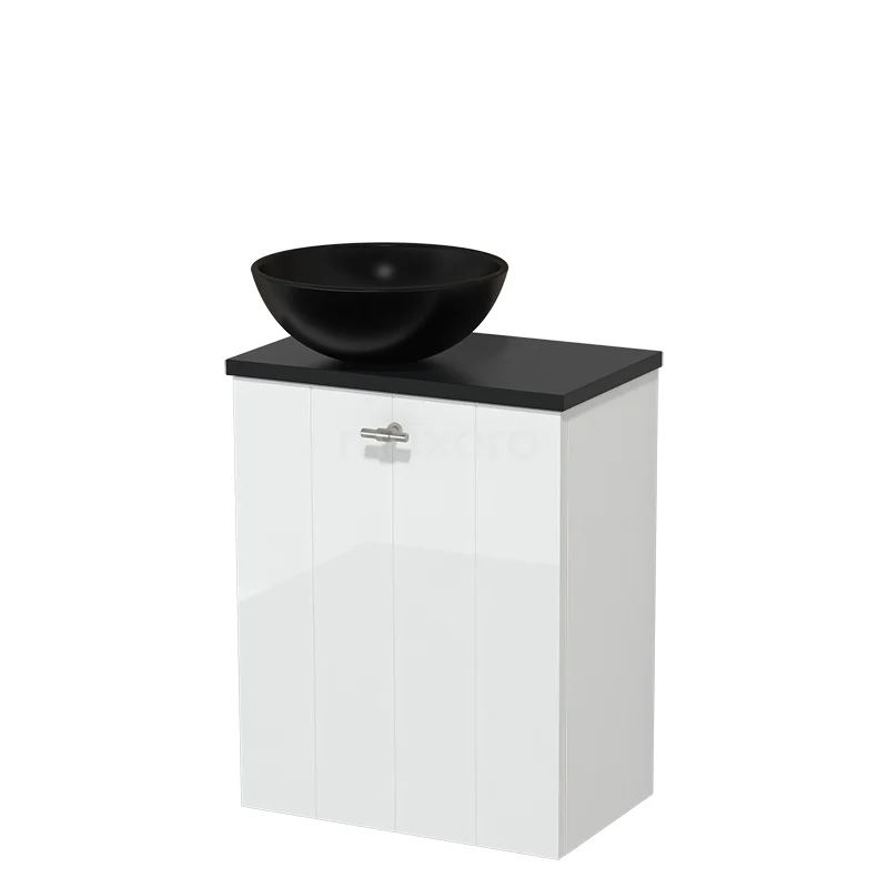 Witte badkamerkast met zwart wastafelblad en ronde zwarte waskom, modern design perfect voor compacte badkamers.