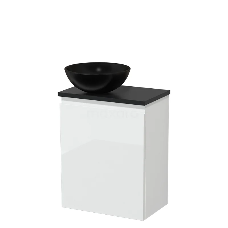 Wit badkamermeubel met hoogglans afwerking en zwarte ronde wastafel van keramiek, ideaal voor een moderne badkamerstijl.