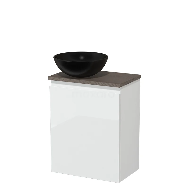 Toilet unit with countertop wash basin | 41 cm High-gloss white Handleless front Matte black Ceramic worktop Dark brown oak worktop TMK10-03095