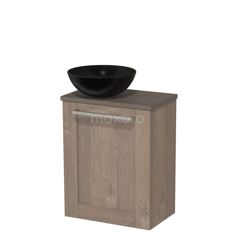 Toilet unit with countertop wash basin | 41 cm Mid brown oak Frame front Matte black Ceramic wash basin Dark brown oak worktop TMK10-03362