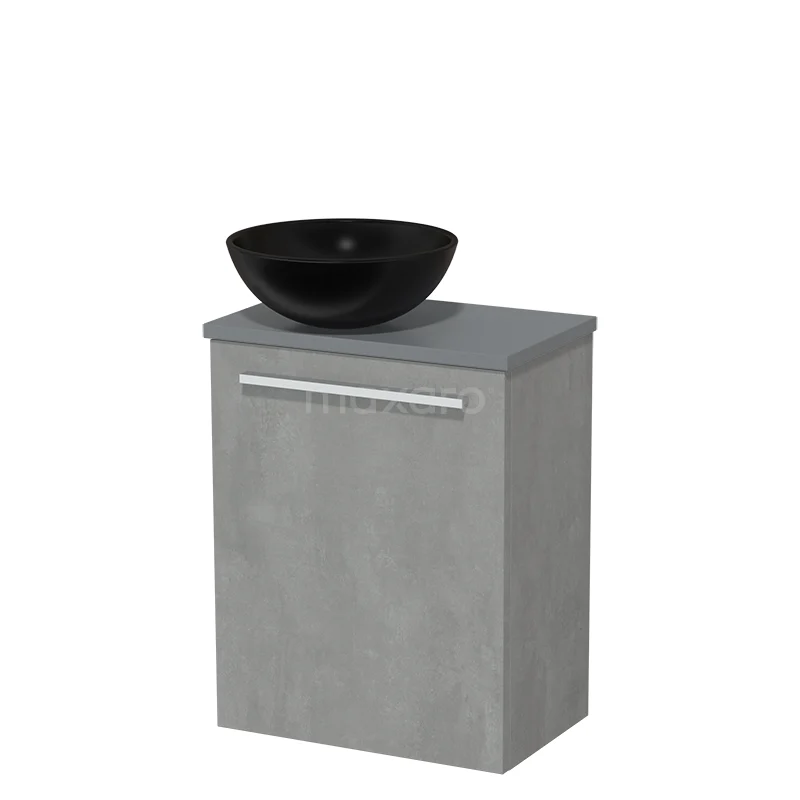 WC-Möbel mit Aufsatzwaschbecken | 41 cm Hellgrauer Beton Glatte Front Matt Schwarz Keramik-Aufsatzwaschbecken Mittelgraue Platte TMK10-03422 Grauer Badschrank mit Betonlook und schwarzem, schalenförmigem Waschbecken, modernes Design, ideal für stilvolle Badezimmer.