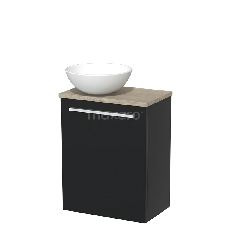 WC-Möbel mit Aufsatzwaschbecken | 41 cm Matt Schwarz Glatte Front Matt Weiß Keramik Aufsatzwaschbecken Hellgraue Eiche Platte TMK10-03471 Schwarzer Badschrank mit Holzplatte und weißem Aufsatzwaschbecken, kompaktes Design für moderne Bäder.