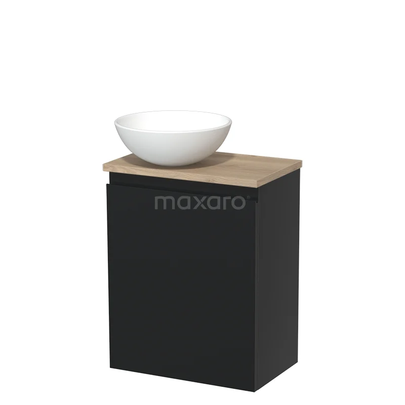 WC-Möbel mit Aufsatzwaschbecken | 41 cm Matt Schwarz Grifflose Front Matt Weiß Keramik-Aufsatzwaschbecken Hellbraune Eiche TMK10-03477 Schwarz Badmöbel mit Matt Schwarz Schrank, Holz Platte und runder weißer Waschbecken. Kompaktes Design für moderne Bäder.