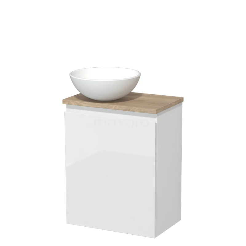 Toilet unit with countertop wash basin | 41 cm High-gloss white Handleless front Matte white Ceramic basin Light brown oak worktop TMK10-03582