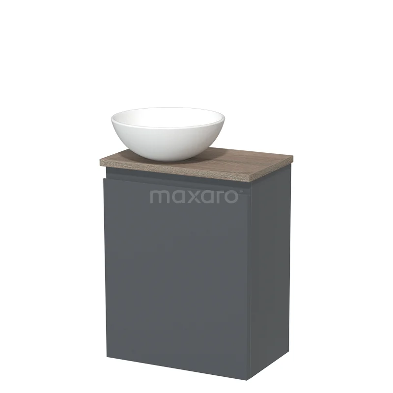 WC-Möbel mit Aufsatzwaschbecken | 41 cm Dunkelgrau Grifflose Front Matt Weiß Keramik Aufsatzwaschbecken Eiche Platte TMK10-03678 Grau Badschrank mit Holzplatte und weißem Keramik Aufsatzwaschbecken, kompaktes Design für modernen Badezimmerstil.