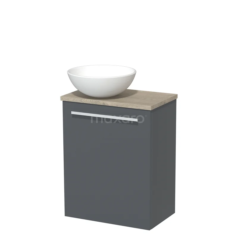 WC-Möbel mit Aufsatzwaschbecken | 41 cm Dunkelgrau Glatte Front Matt Weiß Keramik-Aufsatzwaschbecken Hellgraue Eiche TMK10-03679 Grauer Badschrank mit Holzplatte, weißem runden Aufsatzwaschbecken und verchromtem Haltegriff; modernes und kompaktes Design.