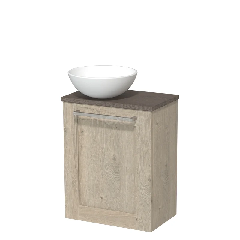 Toilet unit with countertop wash basin | 41 cm Light grey oak Front Matte white Ceramic countertop wash basin Dark brown oak worktop TMK10-03804