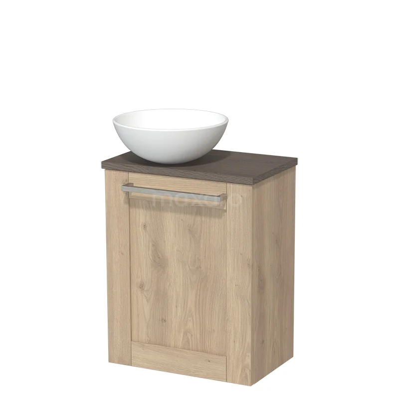 Toilet unit with countertop wash basin | 41 cm Light brown oak Front Matte white Ceramic countertop wash basin Dark brown oak worktop TMK10-03830