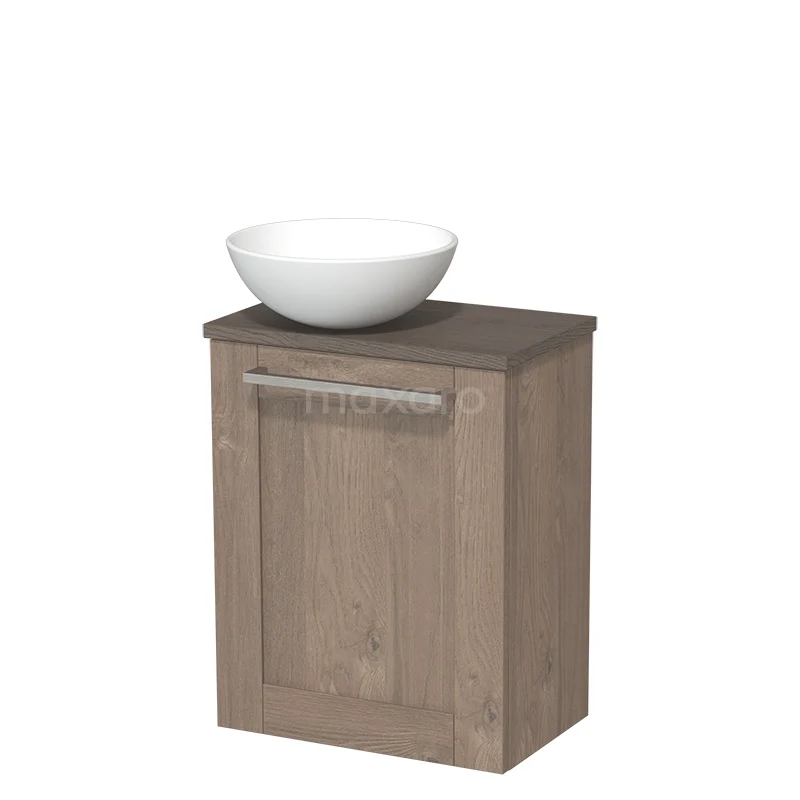 Toilet unit with countertop wash basin | 41 cm Mid brown oak Front Matte white Ceramic countertop wash basin Dark brown oak worktop TMK10-03856