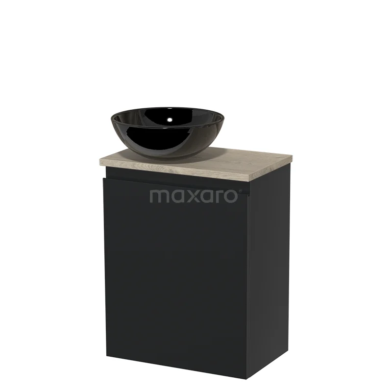Toilet unit with countertop wash basin | 41 cm Matte black Handleless front High-gloss black Ceramic basin Light grey oak worktop TMK10-03968