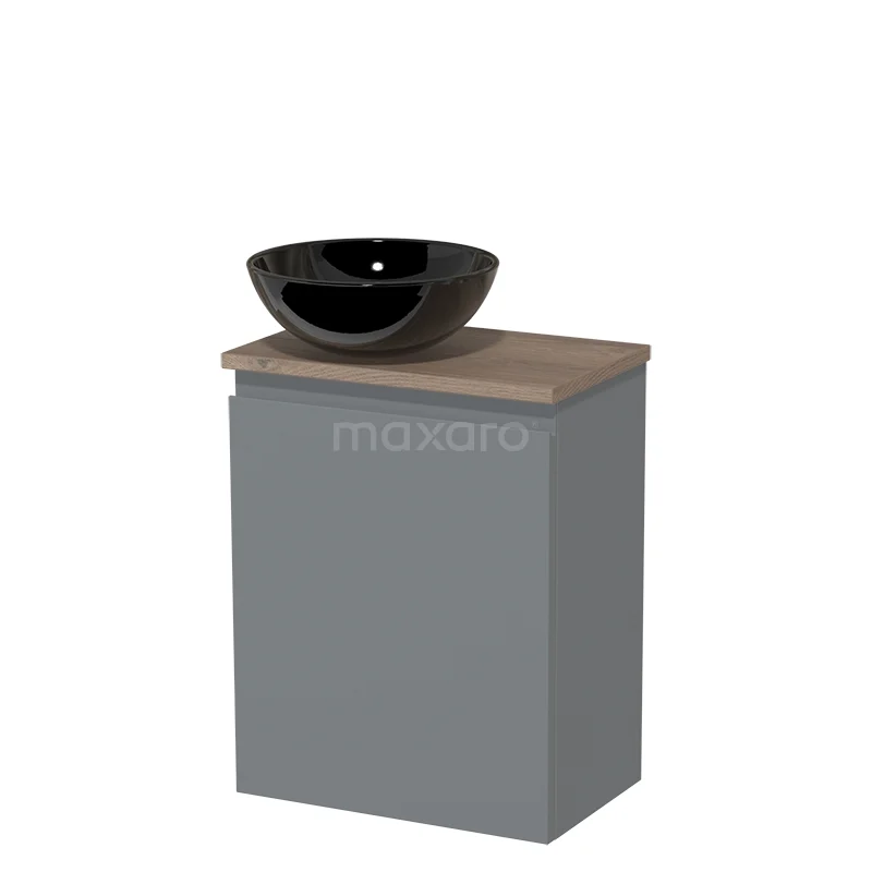 Toilet unit with countertop wash basin | 41 cm Mid grey Handleless front High-gloss black Ceramic wash basin Mid brown oak worktop TMK10-04027