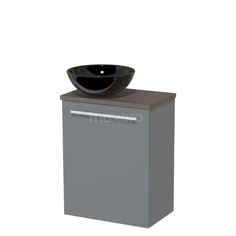 Toilet unit with wash basin | 41 cm Mid grey Flat front High-gloss black Ceramic countertop wash basin Dark brown oak worktop TMK10-04029