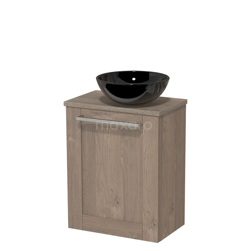 WC-Möbel mit Aufsatzwaschbecken | 41 cm Mittelbraune Eiche Rahmenfront Hochglanz Schwarz Keramik Aufsatzwaschbecken Platte aus Eiche TMK10-04344 Holz-Badmöbel mit schwarzem Aufsatzwaschbecken, rustikales Design, ideal für eine stilvolle und kompakte Badezimmergestaltung.