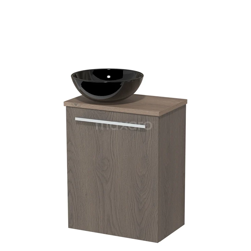 Toilet unit with wash basin | 41 cm Dark brown oak Flat front High-gloss black Ceramic Countertop wash basin Mid brown oak worktop TMK10-04375