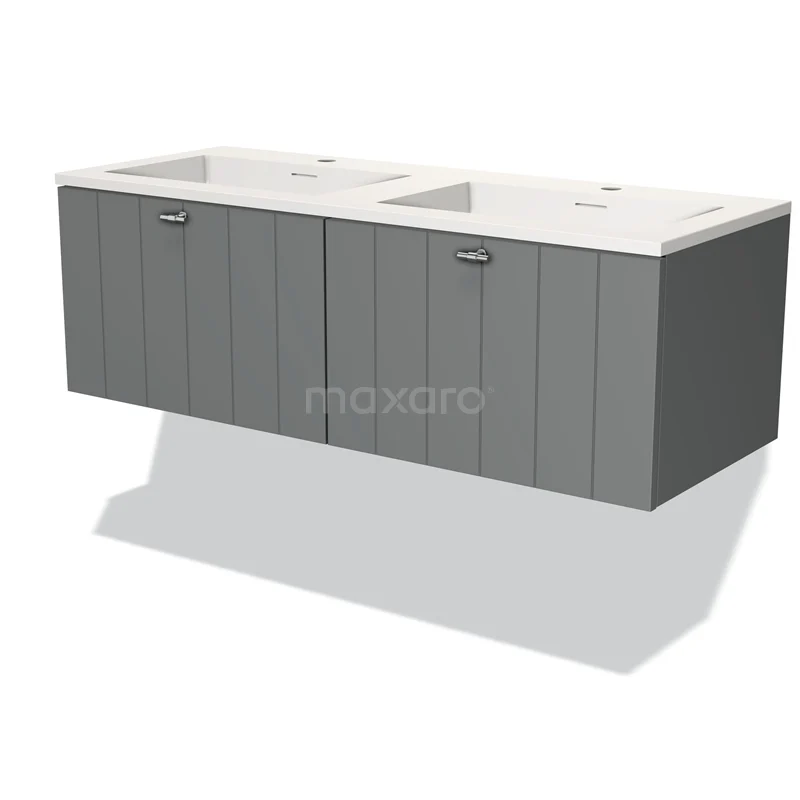 Grijze houten badkamermeubel met dubbele wastafel, modern design, ideaal voor stijlvolle en functionele badkamerinrichting.