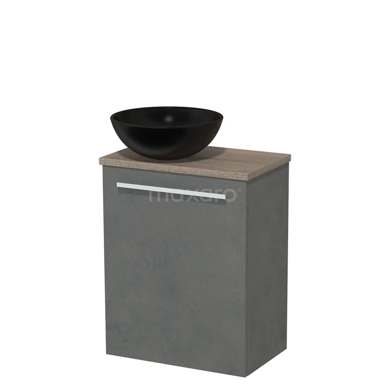 Toilet unit with countertop wash basin | 41 cm Dark grey concrete Flat front Matte black Ceramic wash basin Oak worktop TMK10-03440