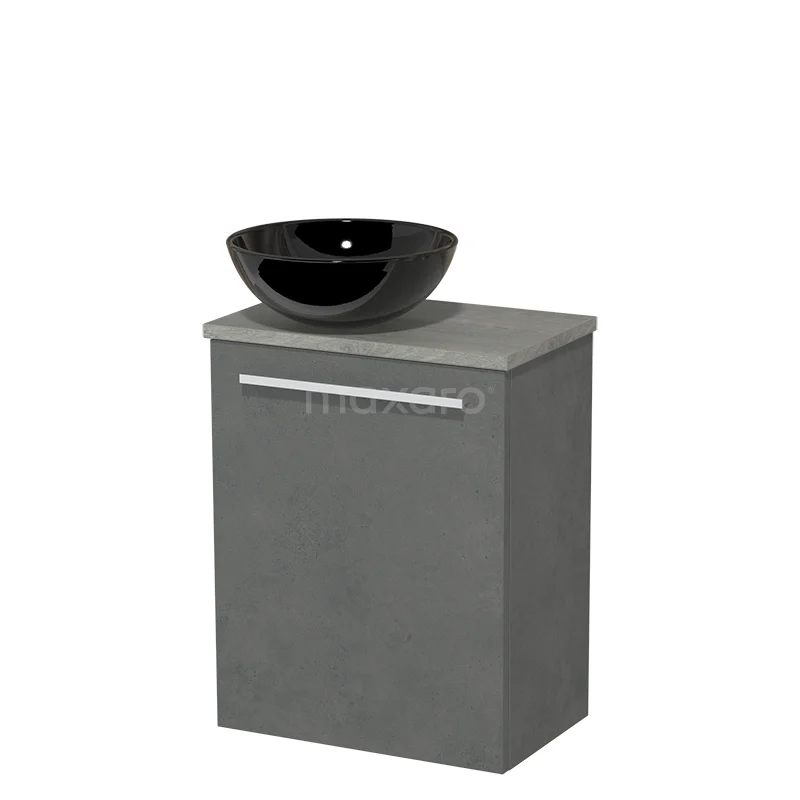 Toilet unit with countertop wash basin | 41 cm Dark grey concrete Flat front High-gloss black Ceramic worktop Grey oak worktop TMK10-04433