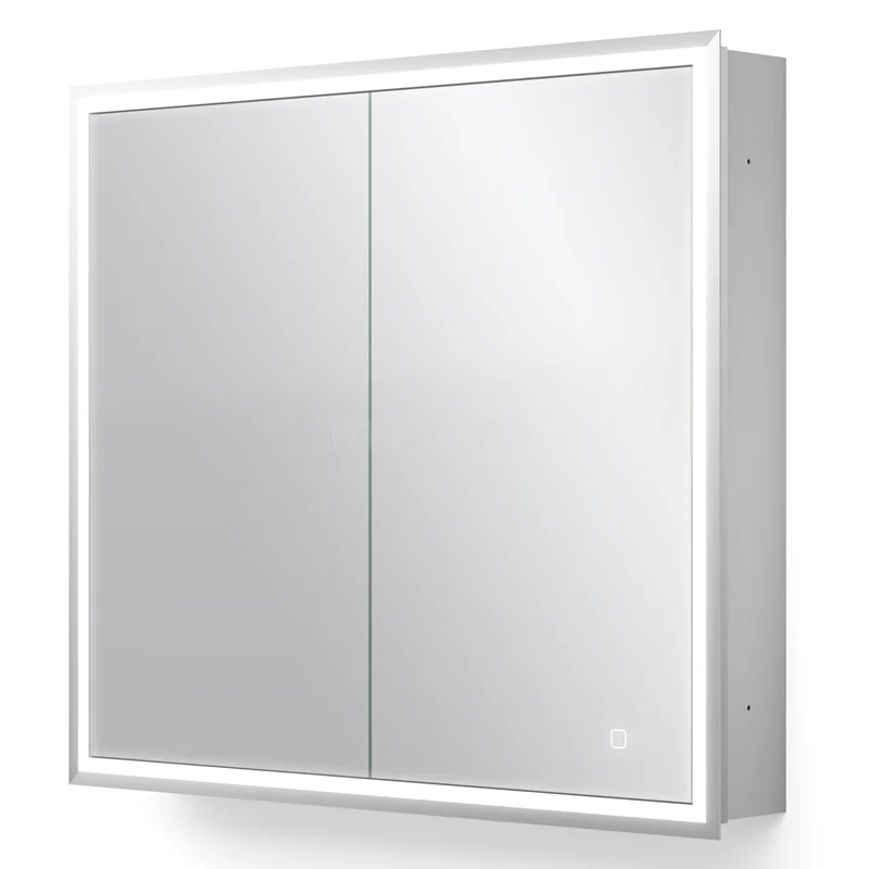 Eingebauter Spiegelschrank mit Beleuchtung Trento 80x70cm Spiegelheizung und Steckdose K40-0800-55504 Weiße Badezimmer Spiegelschrank mit LED-Beleuchtung, doppelte Spiegeltüren und schlankem Design für moderne Badezimmeraufteilung.