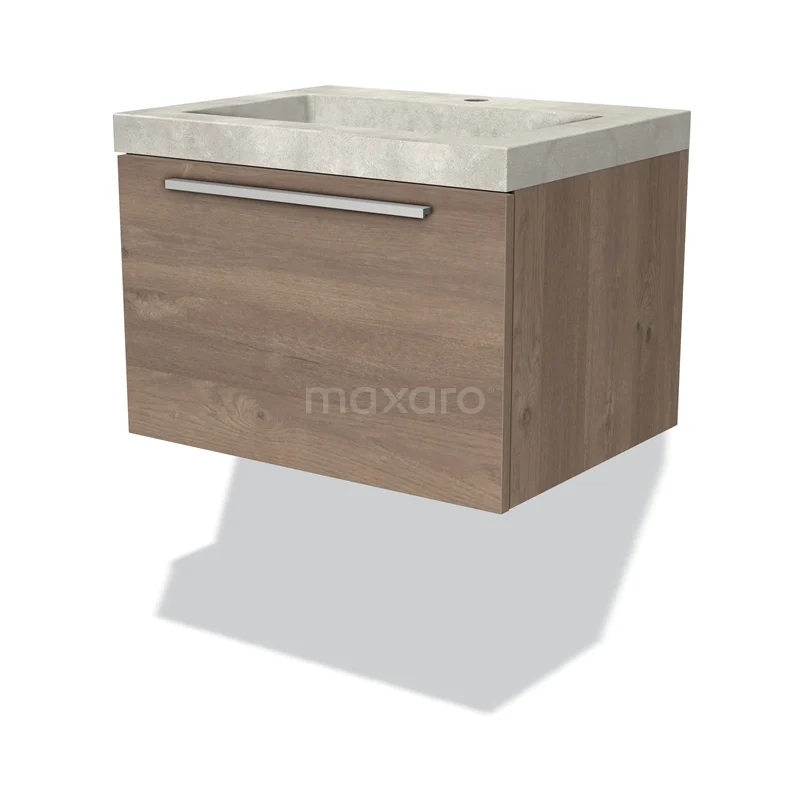 Modulo Vanity units with basin | 60 cm Mid brown oak Flat front Concrete 1 drawer BMW11-02297