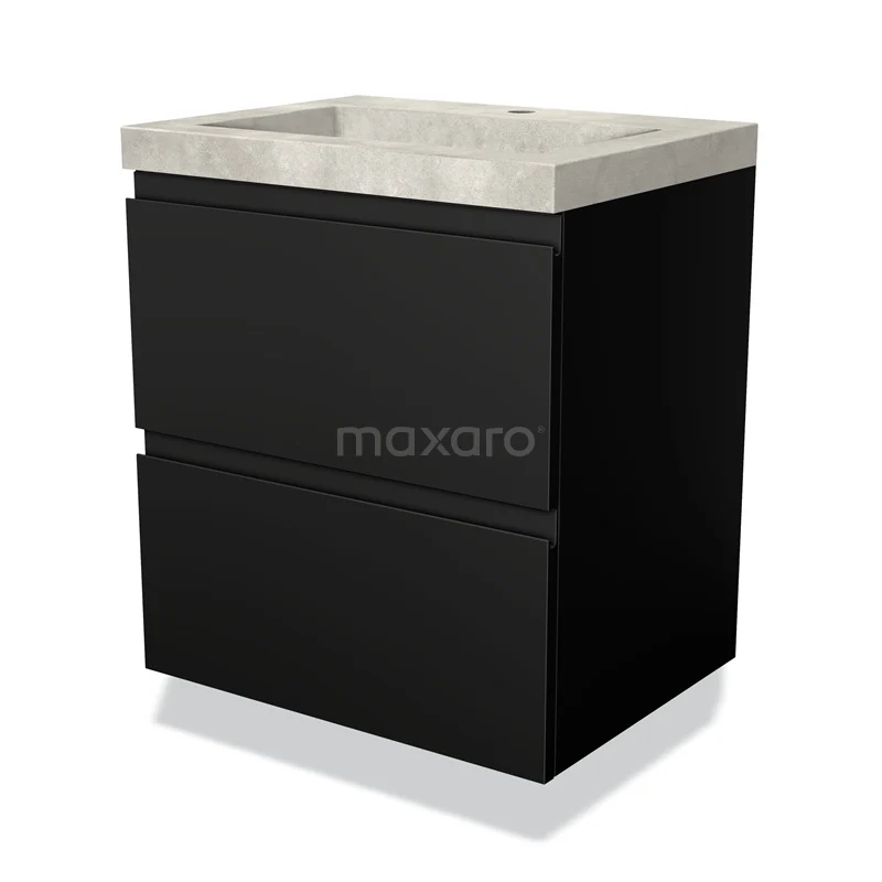 Zwarte badkamermeubel met twee lades en een betonnen wastafelblad, strak ontwerp uit de moderne badkamer serie.