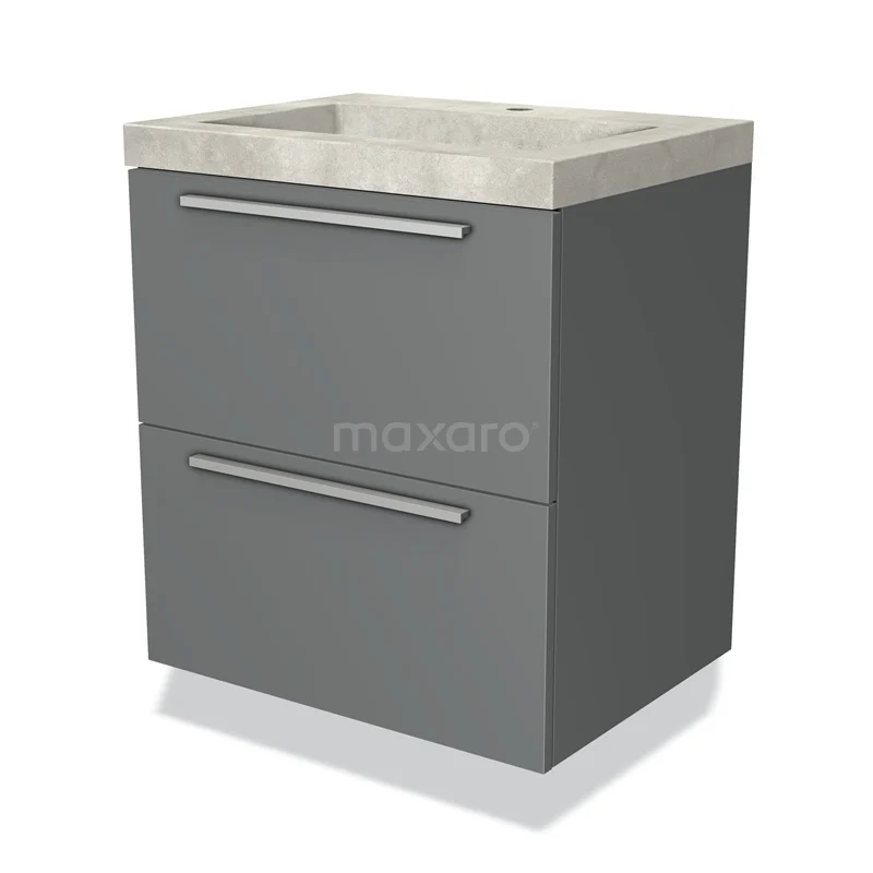 Grijs badkamermeubel met twee lades, betonlook wastafel en modern design, ideaal voor compacte badkamers.